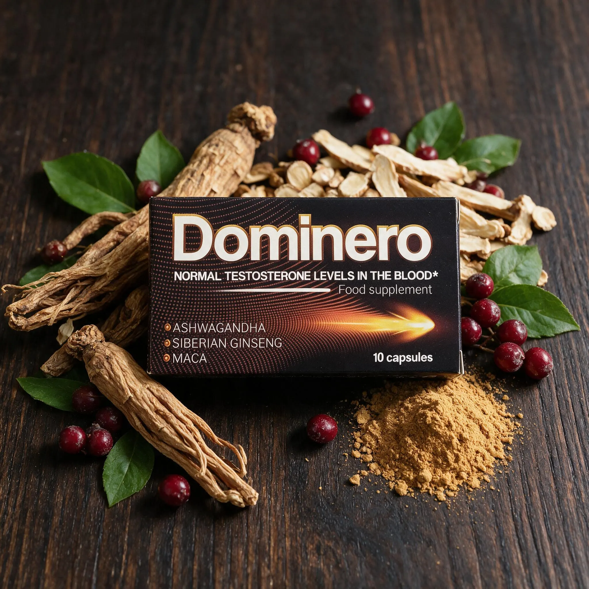 Ingredientes naturales y raíces botánicas de Dominero cápsulas: Maca, Ginseng y Ashwagandha
